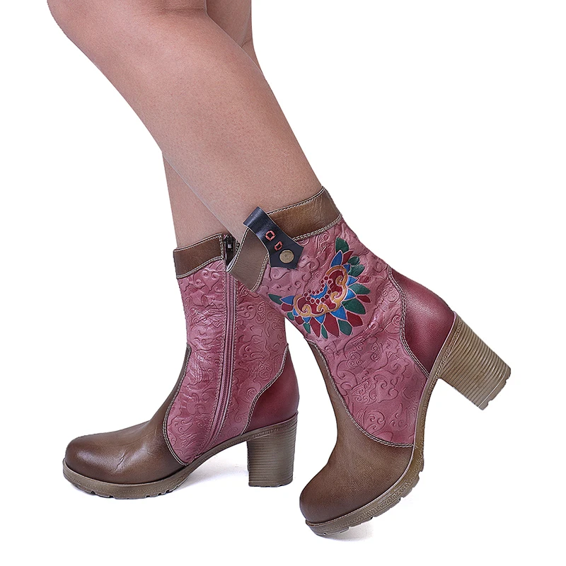 

Socofy Vintage Western Ankle Boots For Women Shoes Genuine Leather Shoes Woman Block Heels Zipper Casual Women Boots New