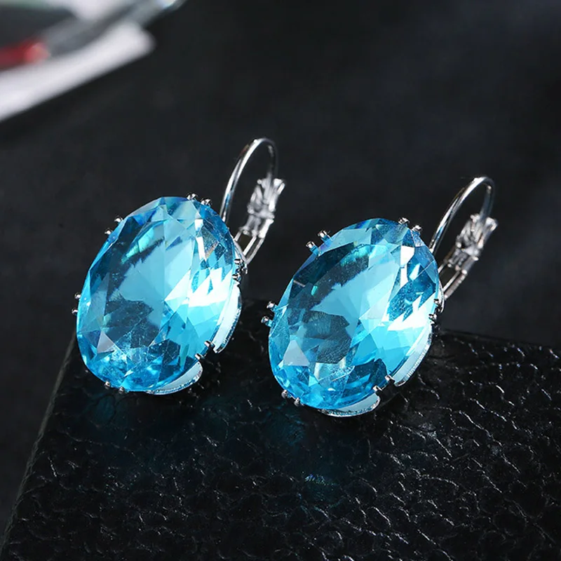 Sky Blue Новые модные серебряные серьги Овальные капли воды 5 цветов большие циркониевые камни Висячие серьги для женщин Подарки на день Святого Валентина - Окраска металла: Sky Blue