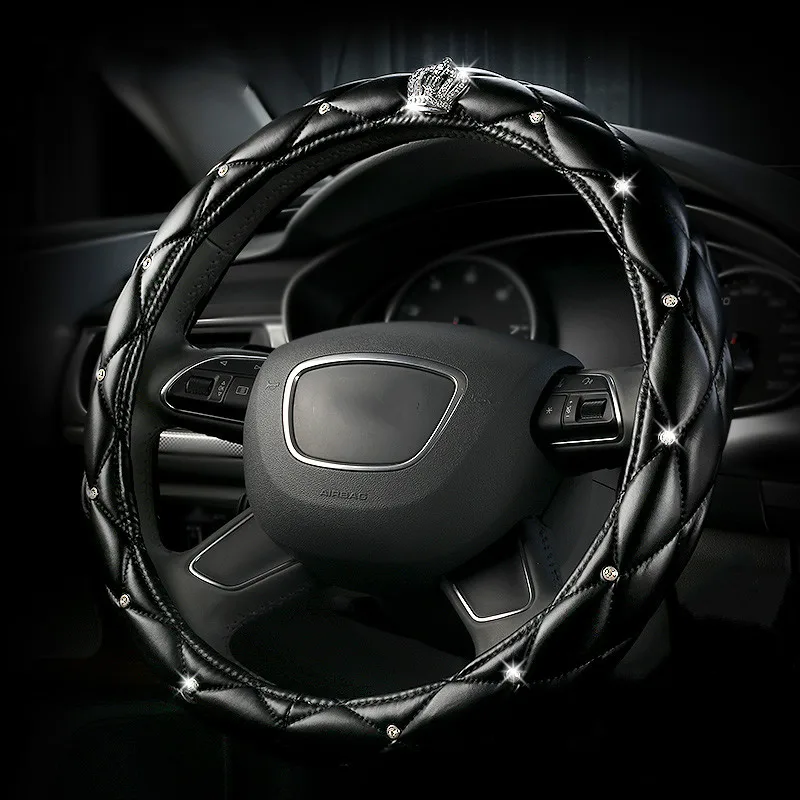 steering wheel cover Универсальный из искусственной кожи чехол рулевого колеса автомобиля bling rhinestone Кристалл руль чехлы набор с хрустальной короной аксессуары - Название цвета: steering wheel cover