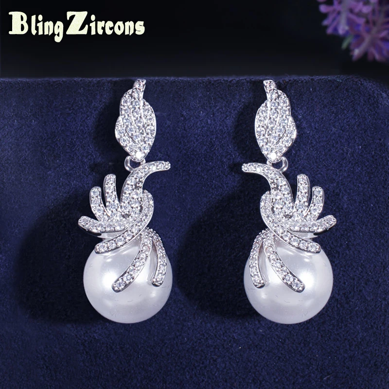 BlingZircons новые серебряные Цвет кубического циркония инкрустированный камнями мода, белый жемчуг серьги падение серьги для Для женщин подарок E169