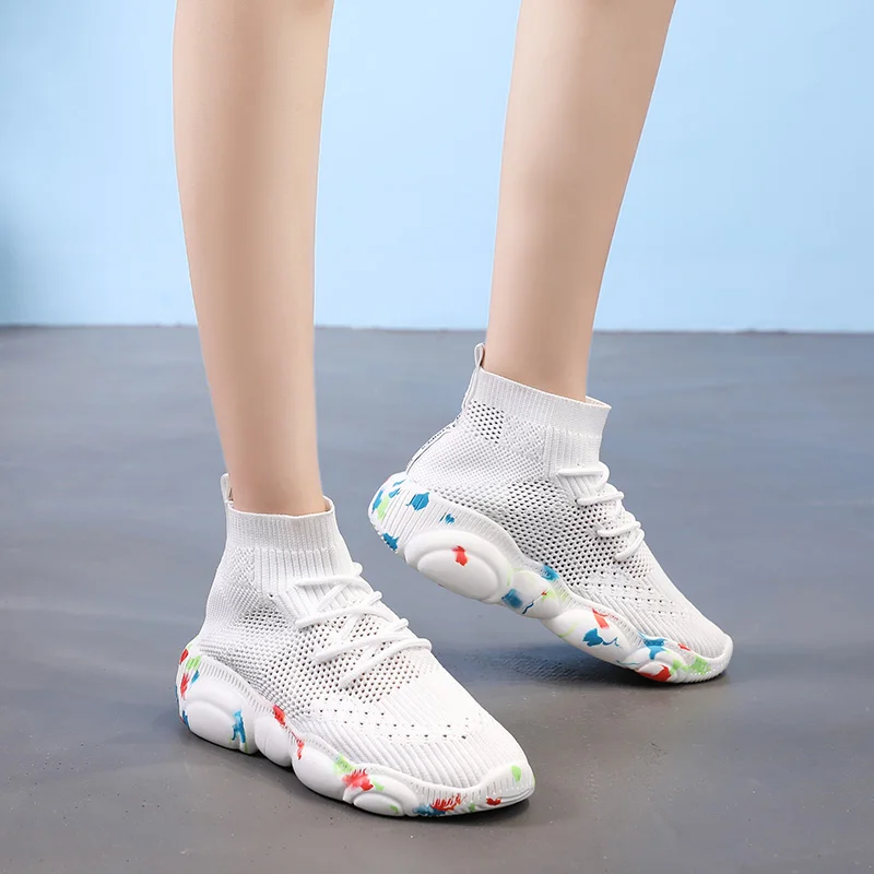 Кроссовки женская обувь эластичная вязаная Chaussures Femme на плоской платформе