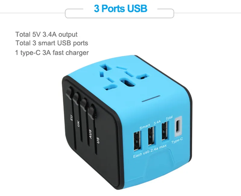 Longet дорожный адаптер Международный универсальный тип C дорожный адаптер с 3 usb-портами по всему миру настенное зарядное устройство для Великобритании/ЕС/Австралии/Азии