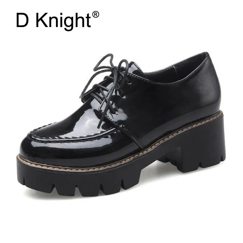 D Knight Patent Leather Platform Oxfords Shoes Woman High Square Heels Pumps Shoes Fashion Office Casual Oxford Shoes For Women