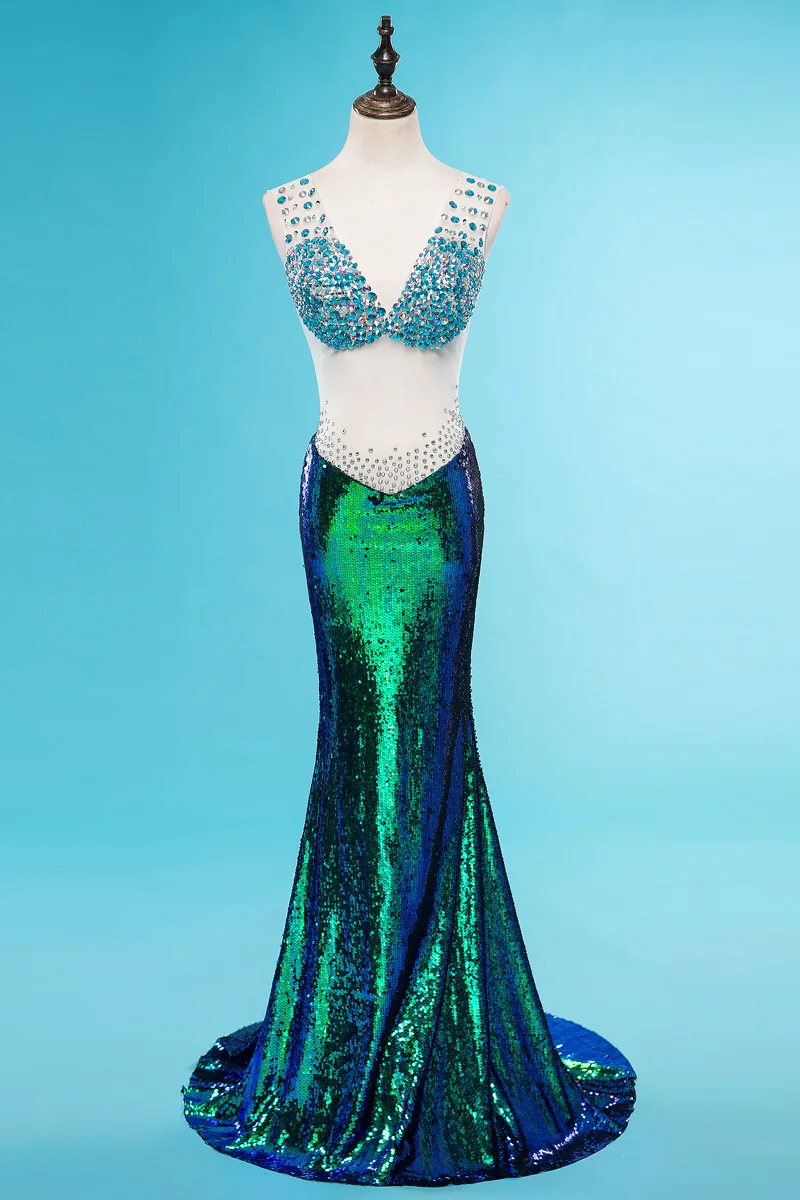 

Sexy Perspective sparkly Rhinestones Fishtail Dress bling Sequins Long Trailing one piece dress Formal prom singer star costumes