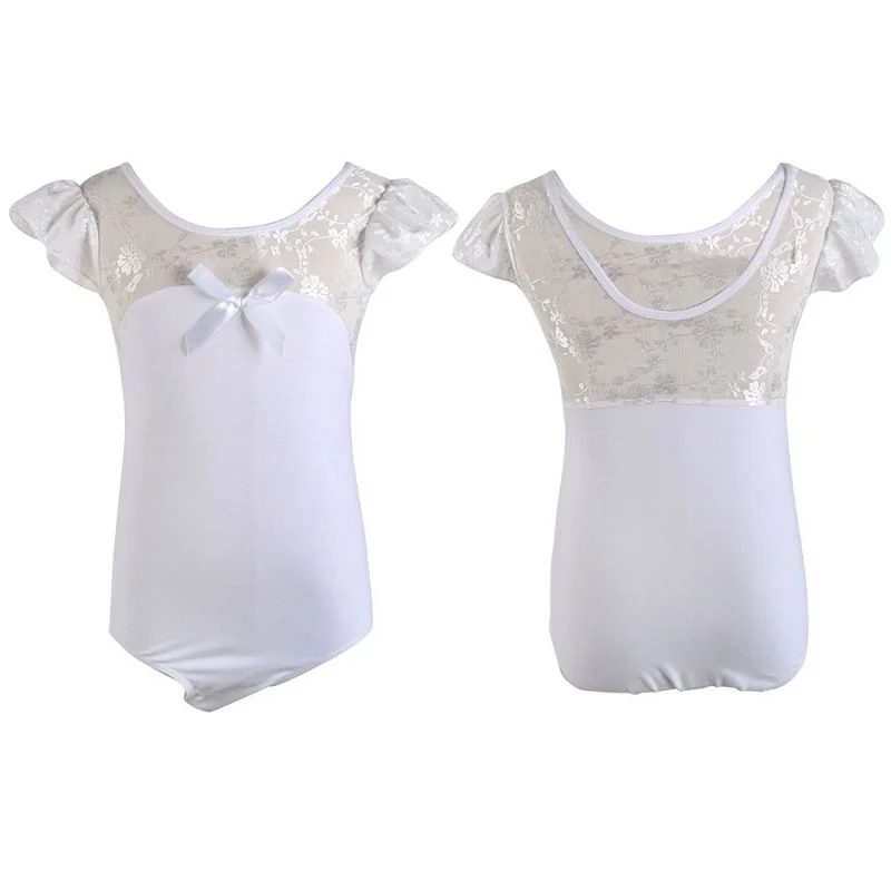

New gymnastics costumes 4-15Y Girls Short Sleeve Gymnastic Bodysuit Lace Fly Sleeve Leotards Dancewear Ballet