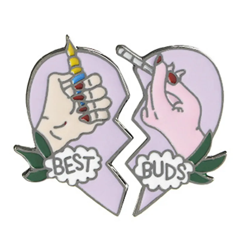 2Pcs BEST BUDS Purple Pink Enamel Pins Buckle Bag Collar Lapel Pin Jewelry Gift Broken Heart 2 Hands Brooch | Украшения и