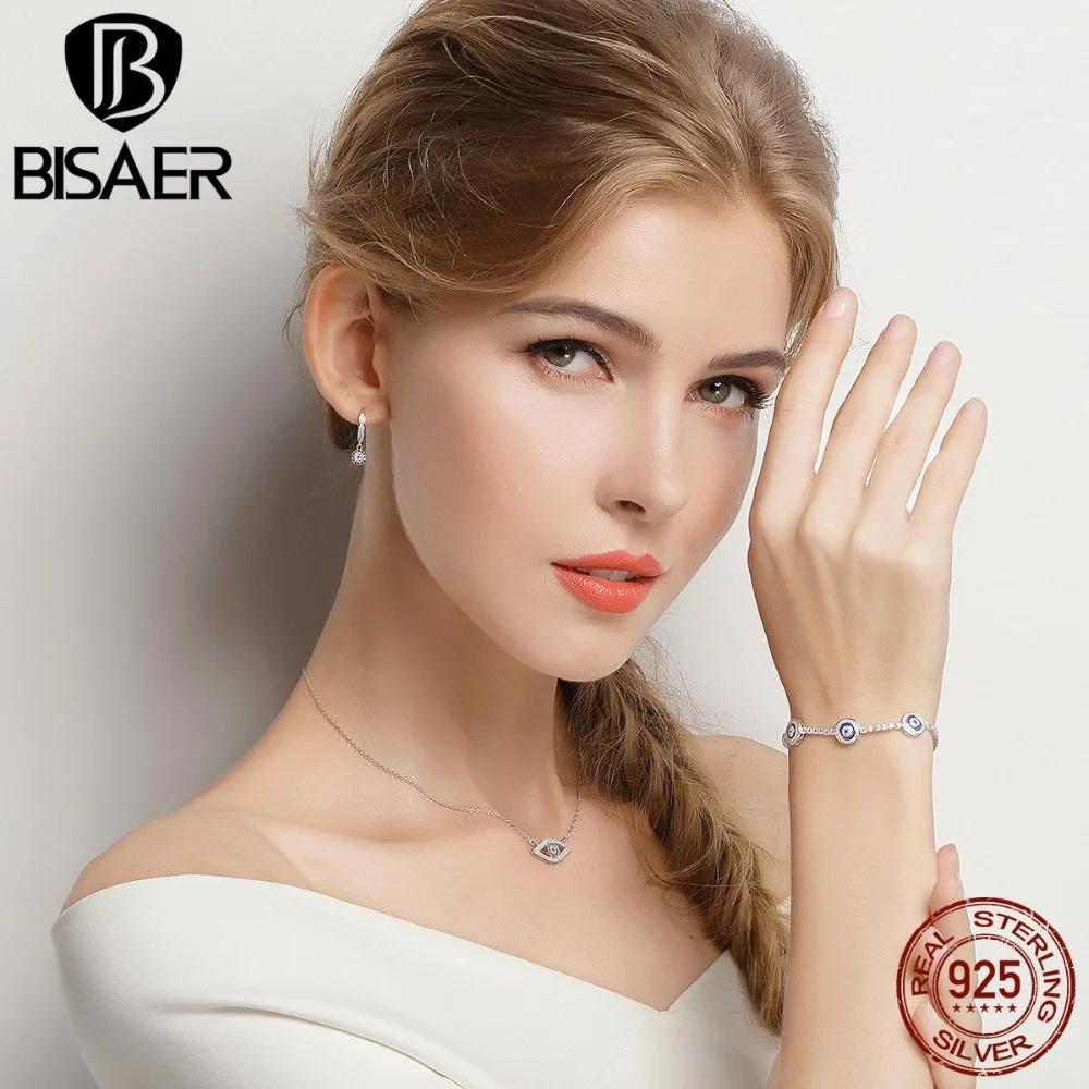 BISAER, винтажные 925 пробы серебряные серьги для девочек, голубые кристаллы, круглые висячие серьги, Женские Ювелирные изделия, femme Brincos ECE058