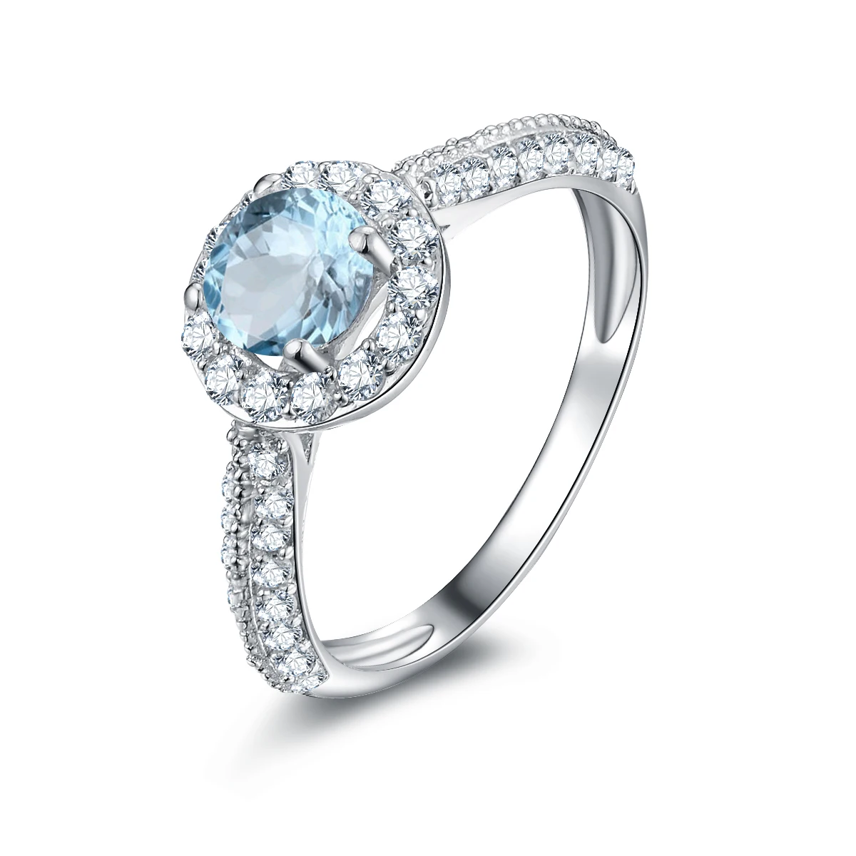 

QYI Natural Sky Blue Topaz Ring 0.8 ct Round Cut Gemstone Solid 925 Sterling Silver Halo Engagement Rings Women Party Jewelry
