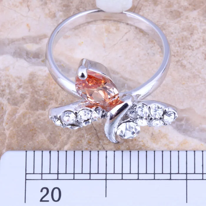 Бабочка Шампань морганит Белый CZ посеребренное женское Ювелирное кольцо Размер 5