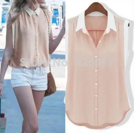 2014 New Women Girls Casual Button Down Sleeveless Chiffon Shirt Top Blouse Clothing Tee Tops Shirts Size M/L/XL/XXL TK17 |