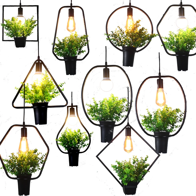 

Nordic Modern Wrought Iron Black Painted Geometrical Shape with Fake Green Plant Cord Hanging E27 LED Edison Bulb Pendant Lights