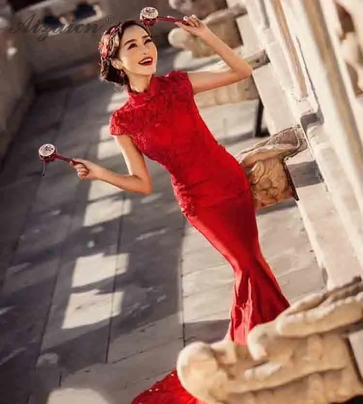 Сезон: весна–лето Красное атласное платье Cheongsam современные невесты Qi Pao Для женщин традиционное китайское свадебное платья платье Тонкий Русалка Qipao