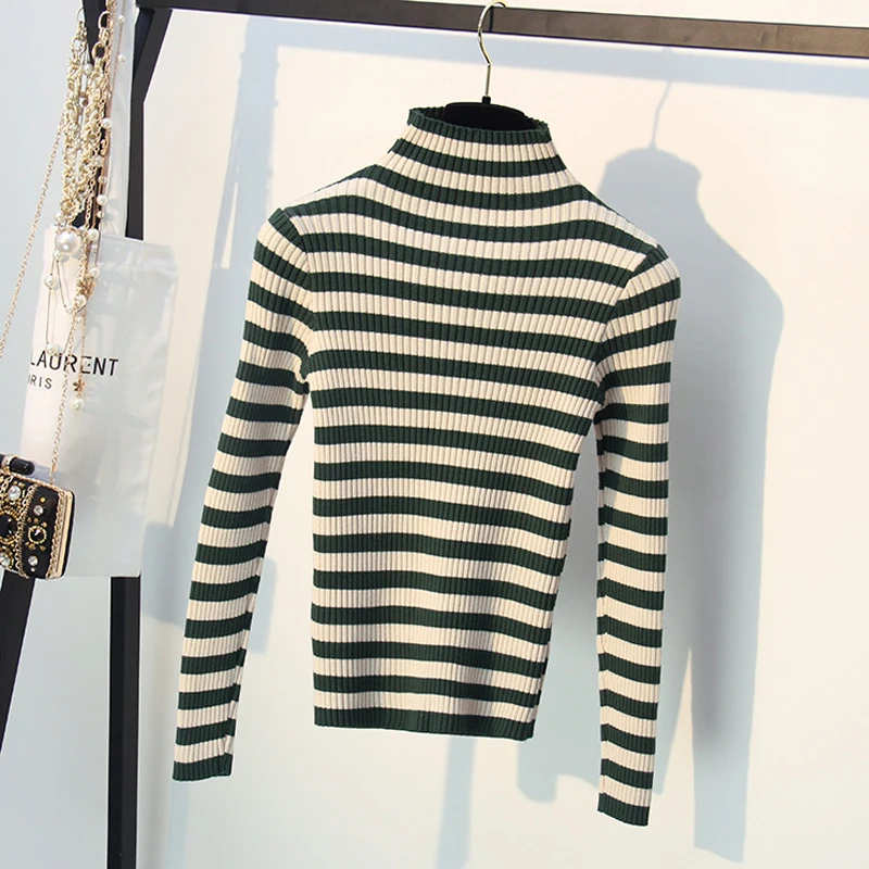 Autumn Winter Turtleneck striped Sweater Women Knit Casual Pullovers Long Sleeve high Elasticity female Cashmere sweater basic | Женская