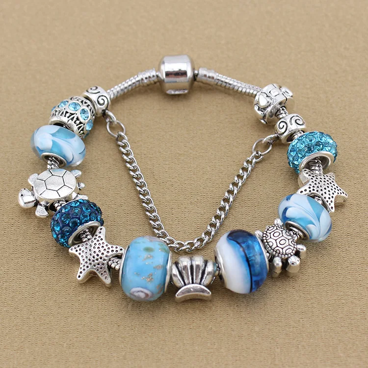 Женский браслет с подвесками в виде морской звезды синий цвет|charm bracelet|bracelet