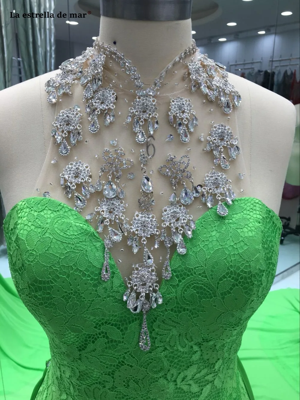 Vestidos de gala2019 высокое средства ухода за кожей шеи кружево Кристалл спинки изумрудно зеленый высокий разрез Сексуальная Русалка Выпускные