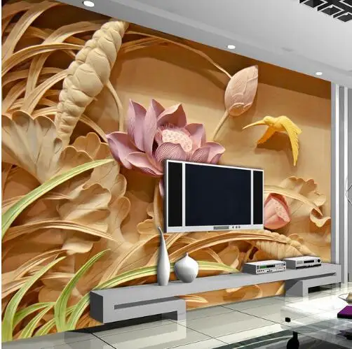 

Custom 3D Printing Imitation Wood Carving Lotus Mural Chinese Style 3D Large Murals Living Room TV Backdrop Wall Art Wallpaper