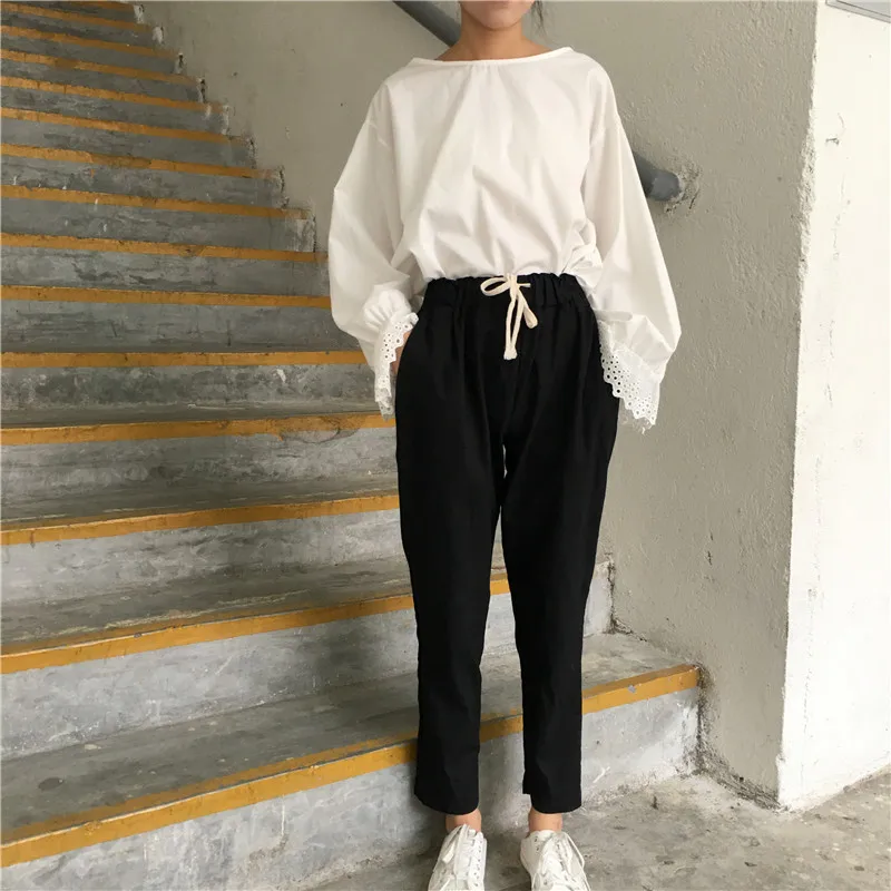 Корейский стиль моды свободные женские брюки Harajuku чистый цвет досуг шнурок брюки студентов высокой эластичной талией черные брюки