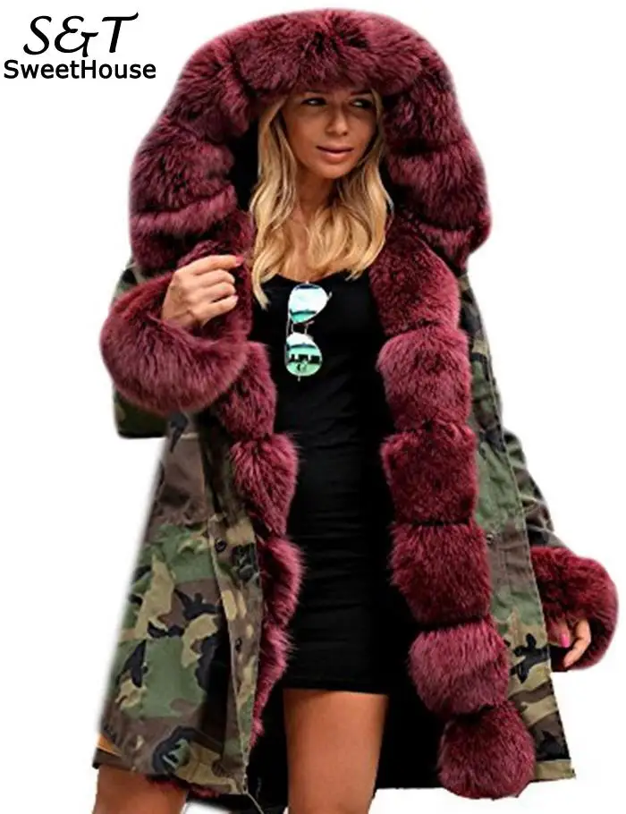 Зимняя куртка для женщин камуфляжная Abrigos Mujer Invierno 2018 большой меховой воротник