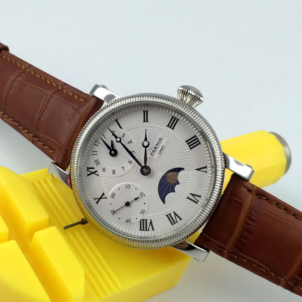 Парнис 42 мм Функция GMT с ручным заводом Для мужчин мужские часы белым циферблатом