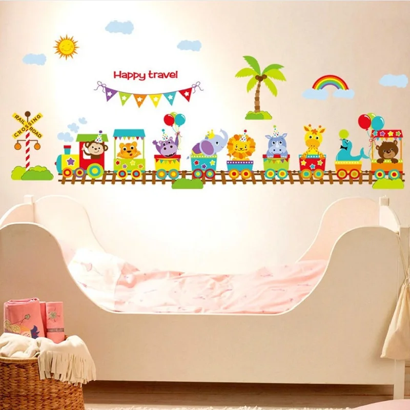 Радостный настенный стикер с поездом Мультяшные обои для детской спальни