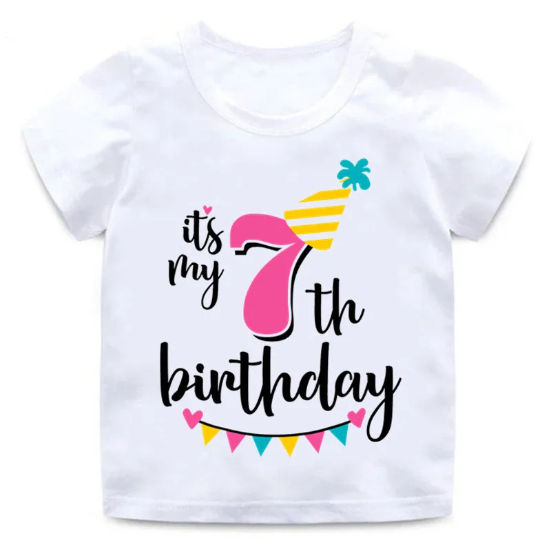 P683-7 Милая одежда с надписью «Happy Birthday» и цифрами 1-7 для маленьких мальчиков и девочек; детская забавная футболка с круглым вырезом; хлопковая детская одежда - Цвет: P683-7