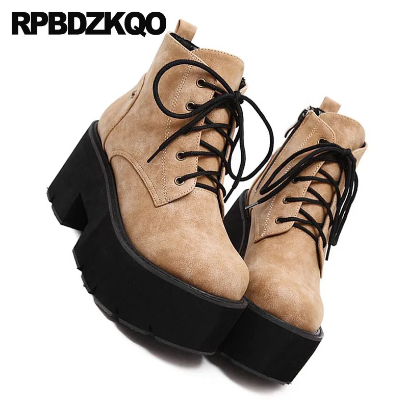 Harajuku Black Muffin Platform Flatform High Heel 2021 Side Zip Boots Booties Women Chunky Flat Brown Shoes European Lace Up | Обувь