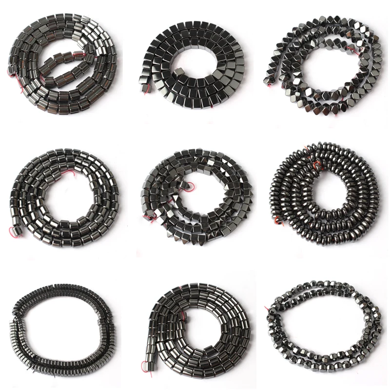 

Natural Black Hematite Stone Spacer Column Ball Rondelle Cube Big Hole Beads for Jewelry Making diy Bracelet 15'' strand