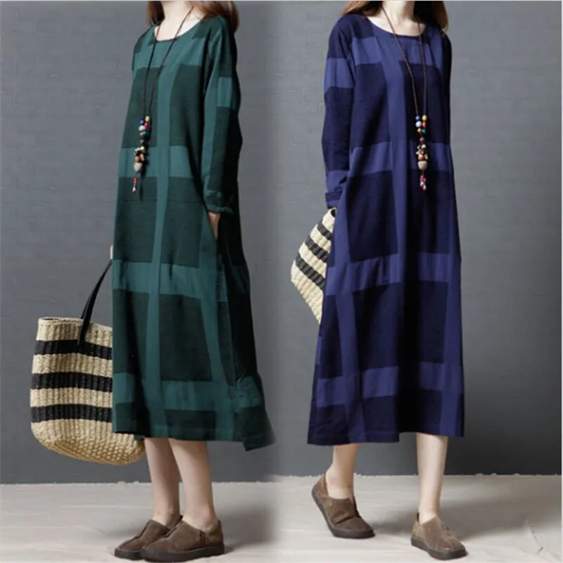 Женское хлопковое льняное платье в стиле пэчворк с длинным рукавом 2017 Весна