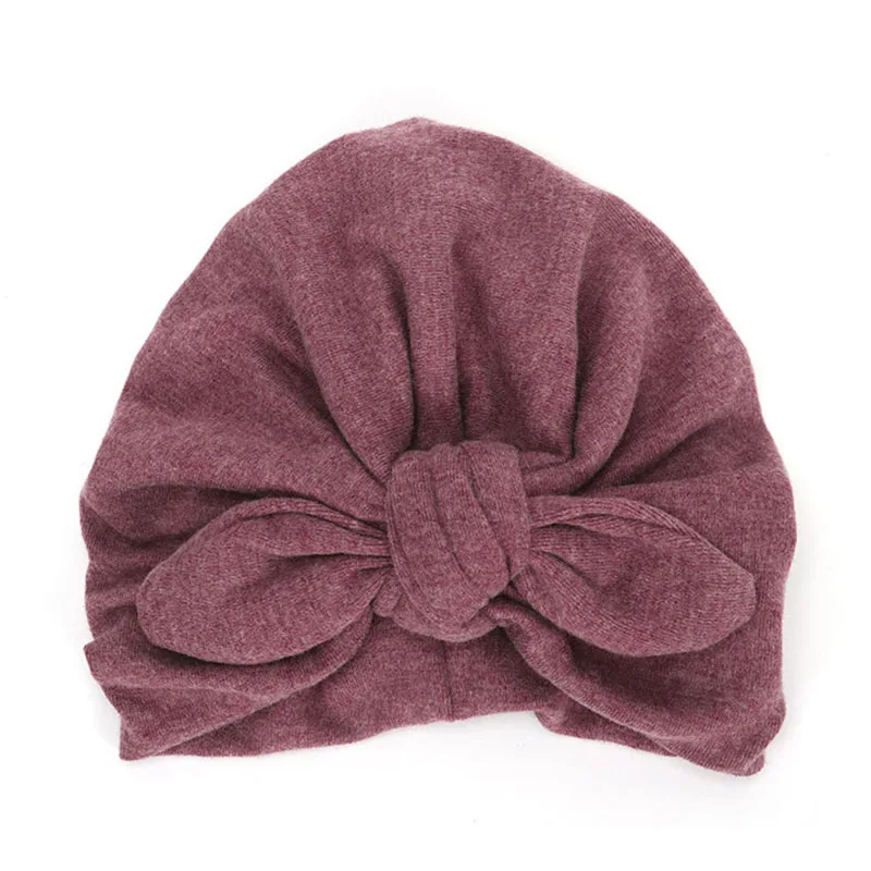 knotted purple Зима-осень, новая Толстая теплая хлопковая вязаная детская шапка с большим бантом, чепчик для новорожденных от 0 до 24 месяцев, вязаная шапка для маленьких девочек, шапочка - Цвет: knotted purple