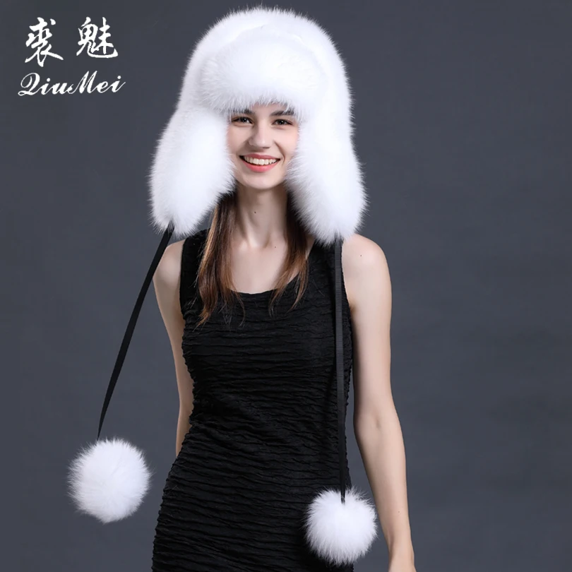 

Real Fox Fur Women'S Russian Ushanka Trapper Hat Female Warm Leifeng Caps Earflap Winter Fox Fur Russian Bomber Hat For Women