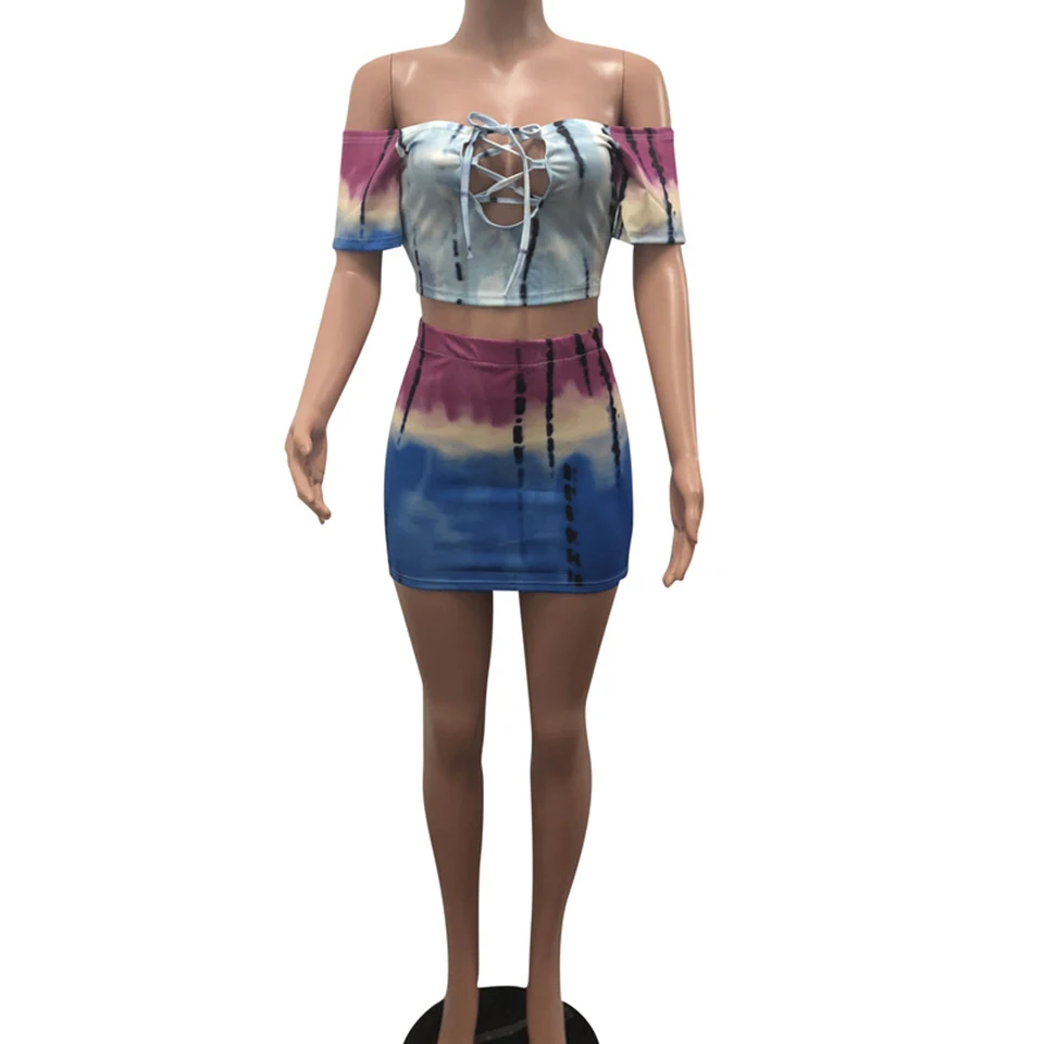 

Off Shoulder Top And Skirt Tie Dye Set Ensemble Femme 2 Pieces Two Piece Bandage Set Skirt Crop Top Short Tight Mini Skirt Women