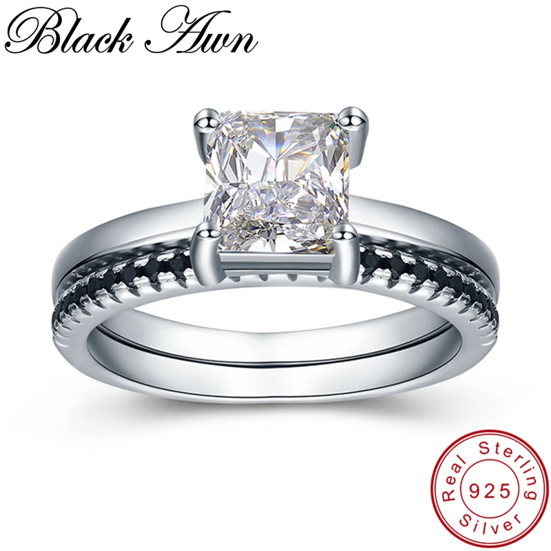 BLACK AWN   New 925 Sterling Silver Jewelry Row Black Stone Wedding Ring Sets for Women Femme Bijoux Bague C436