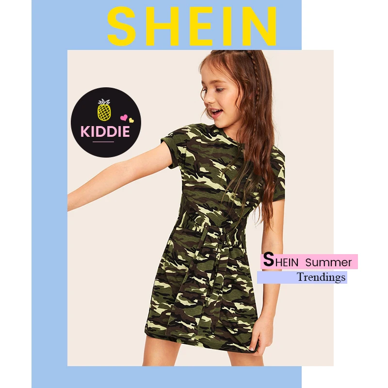 SHEIN Kiddie резинки для девочек, приталенная камуфляжная Повседневная футболка, платье, детская одежда, летние короткие платья с короткими рукавами для детей