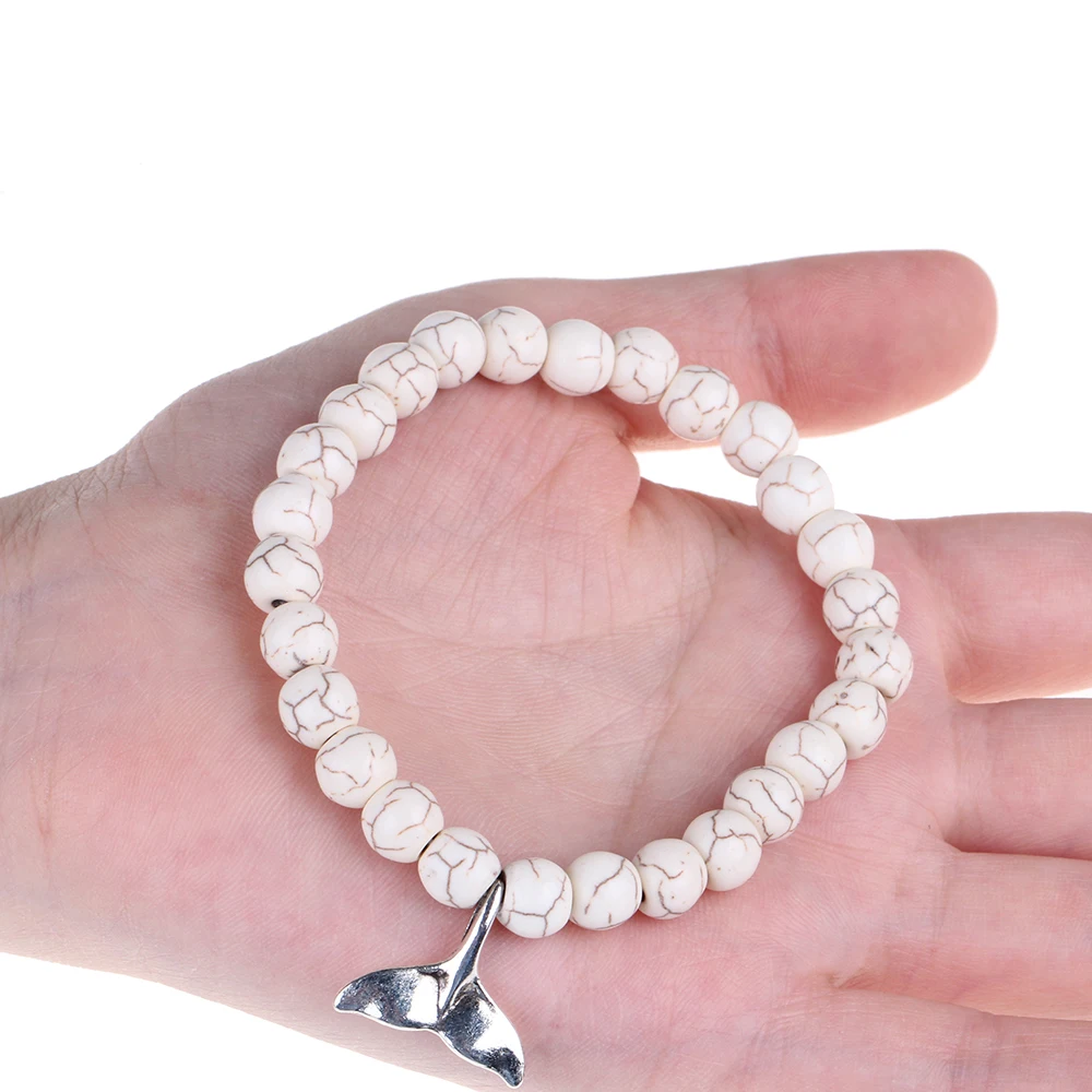 Натуральный белый Камни Браслеты круглый Бусины Silver-цвет рыбий хвост кулон Bohe