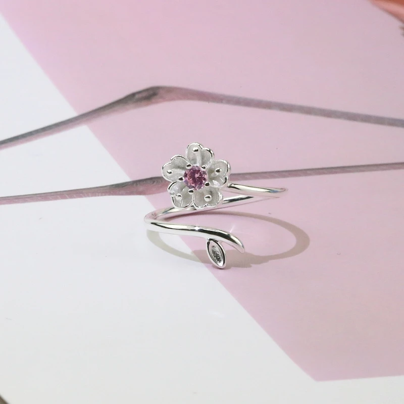 Женское Открытое кольцо с цирконием Sakura серебряное розовое на день рождения