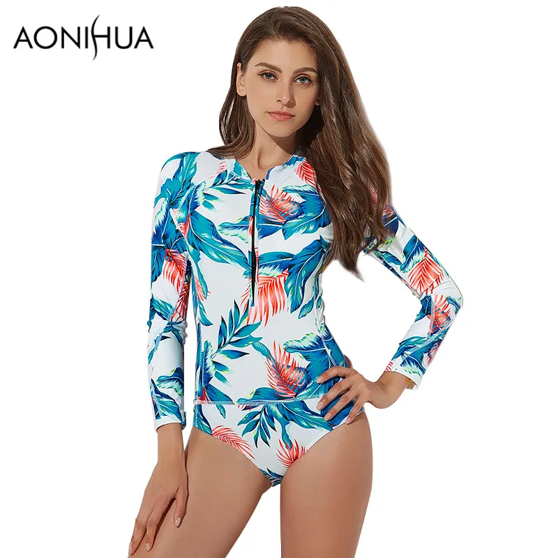 Aonihua новые спортивные Одна деталь купальник боди Для женщин Push Up рукавов Сёрфинг Купальники для малышек Женский на молнии спереди ванный комплект - Цвет: 1749