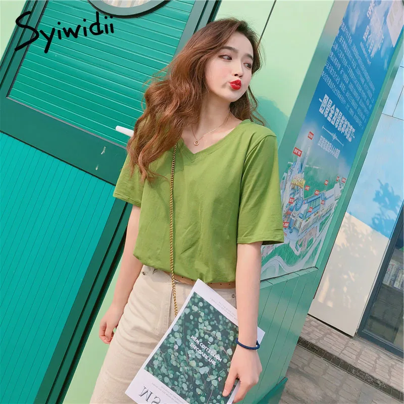 95% хлопковая Футболка женская Повседневная футболка с коротким рукавом и v