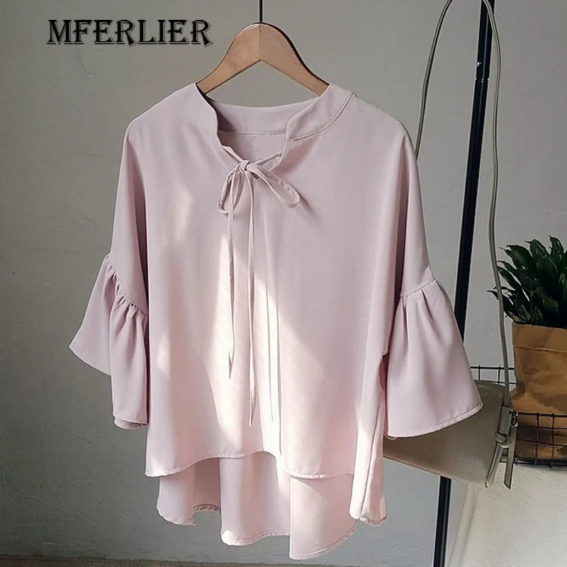 Solid Preppy Style Chiffon Shirt Loose V Neck Bow Drawstring Butterfly Sleeve Patchwork White Pink Green Womens Tops And Blouses |