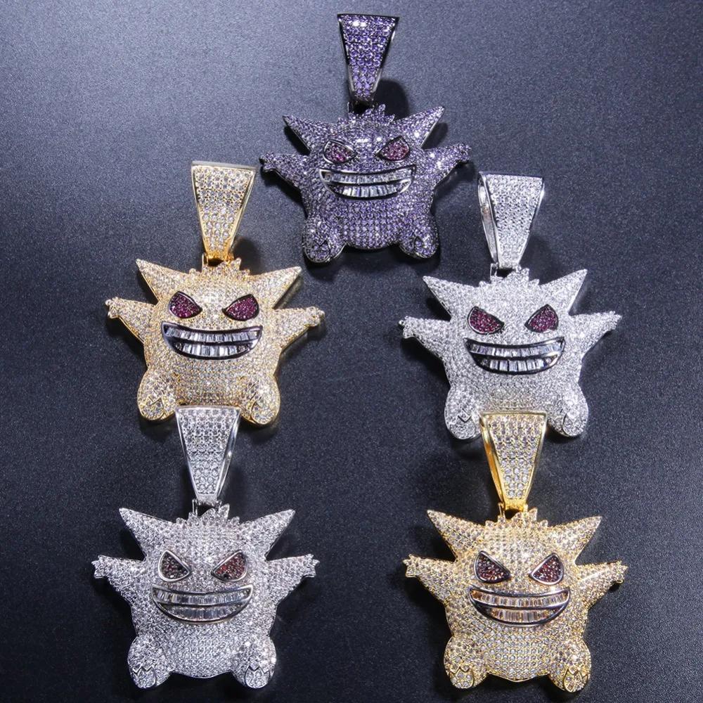 Синий AAA CZ циркон проложили Bling Ice Out маска покемона Gengar кулон ожерелье для мужчин хип хоп рэппер ювелирные изделия с 5*700 мм кубинская цепь