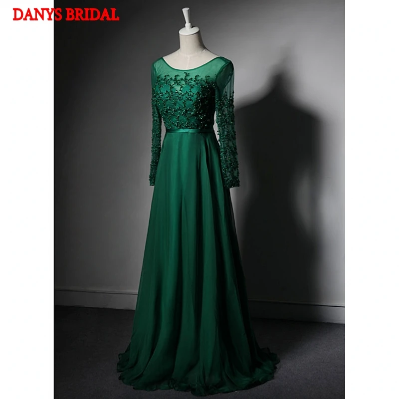 

Emerald Green Long Sleeve Evening Dresses Party Beautiful Crystal Beaded Women Prom Formal Evening Gowns Dresses abendkleider
