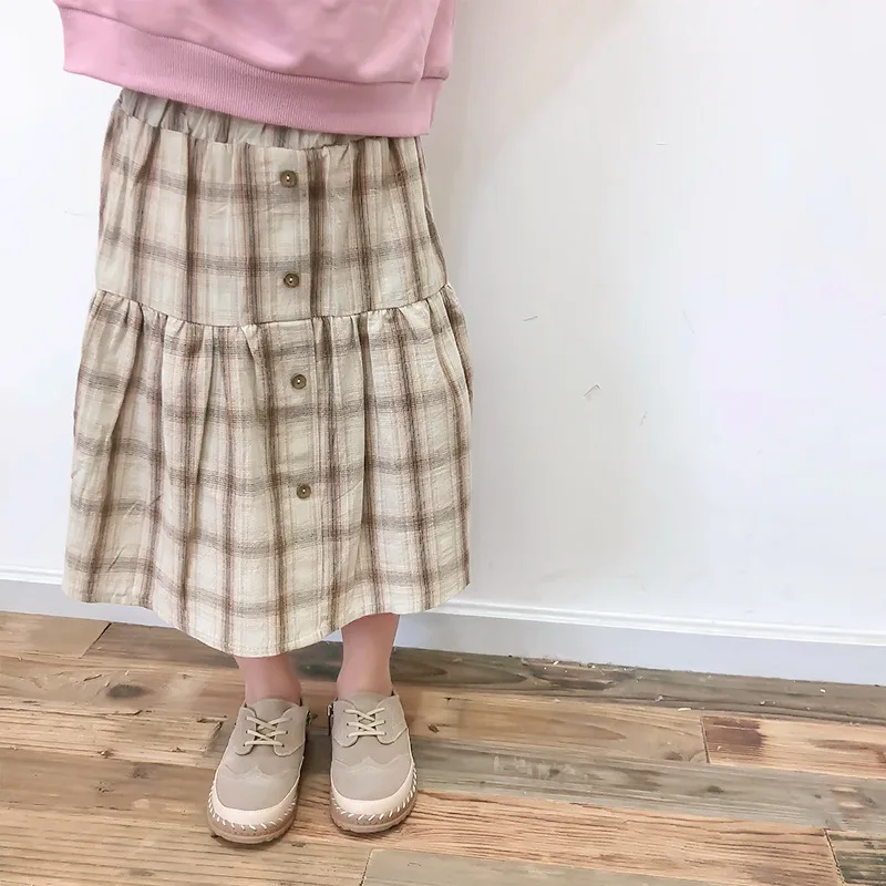 Детская Хлопковая плиссированная юбка длинная Плиссированная Юбка на пуговицах