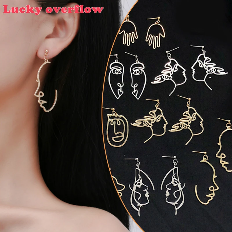 Luckyoverflow, серьги в форме лица для девочек, Ретро стиль, металлические, модные, абстрактные, полые, свисающие, женские серьги, подарок, ювелирное изделие CE05114