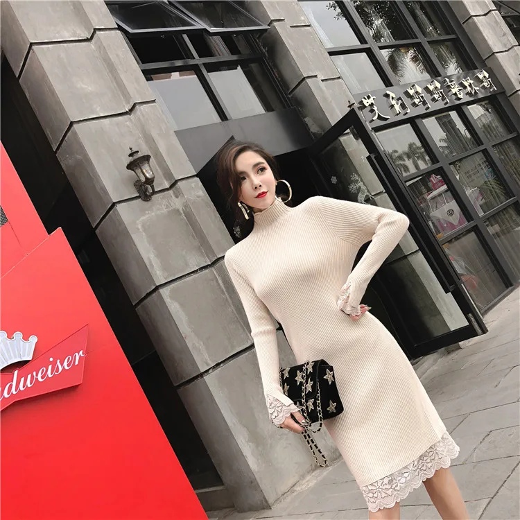 Эластичный вязаный кружевной свитер водолазка в стиле пэчворк платье миди