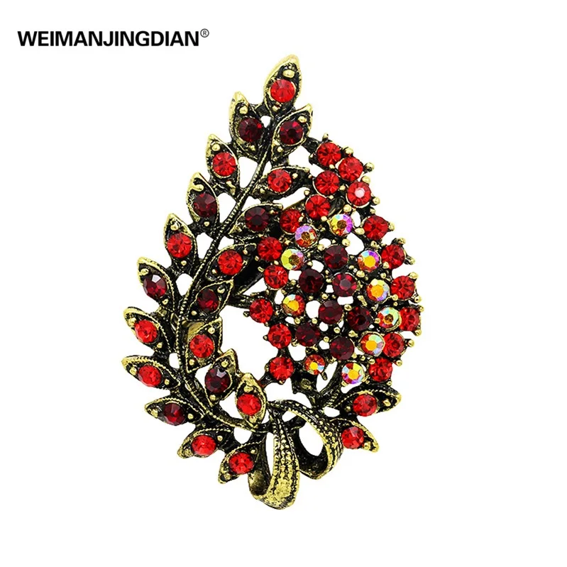 red Бренд WEIMANJINGDIAN, античное золотое покрытие, винтажный стиль, в форме листа, брошь со стразами, булавки для женщин, разные цвета - Окраска металла: red