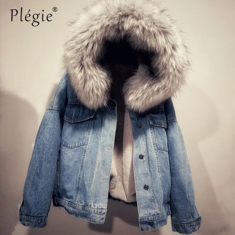 Plegie женские зимние плотные джинсы куртка искусственный меховой воротник из
