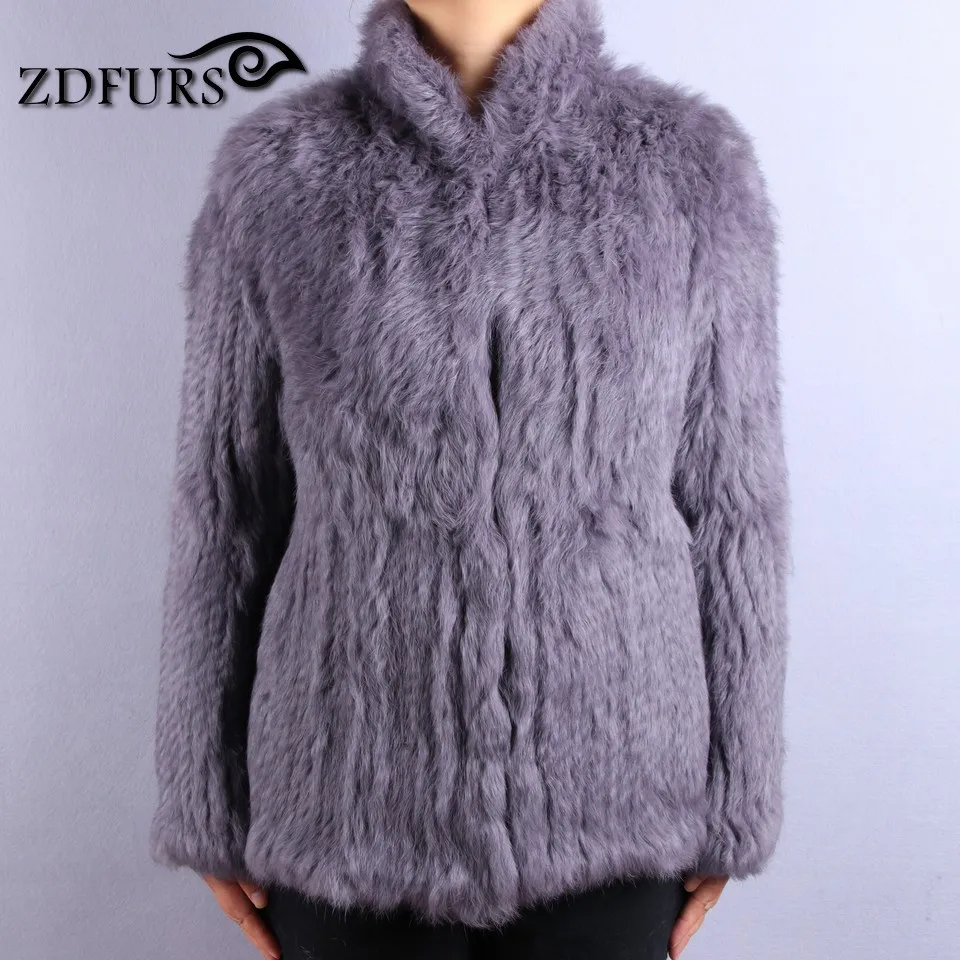 ZDFURS* Новая шуба из натурального меха кролика Модная женская вязаная зимняя куртка с отделкой из меха кролика теплая верхняя одежда из меха кролика ZDKR-165027 - Цвет: dark grey