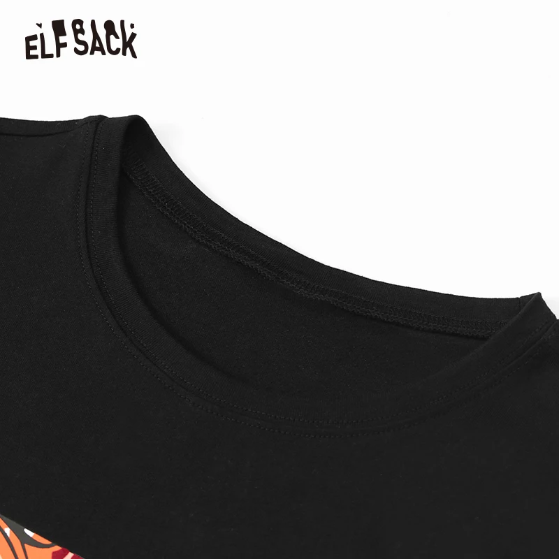 Женская хлопковая футболка с принтом ELF SACK черная повседневная уличная круглым