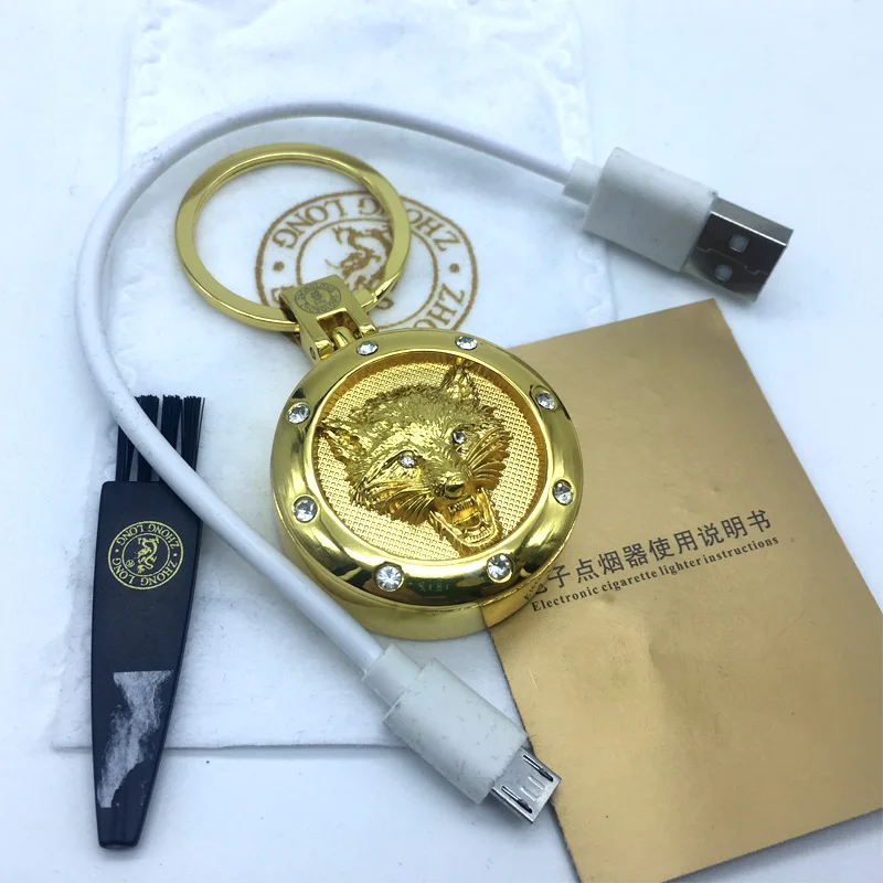 Золотой волк USB зажигалки перезаряжаемая Электронная Зажигалка сигарета брелок Зажигалка с защитой от ветра курильщик G