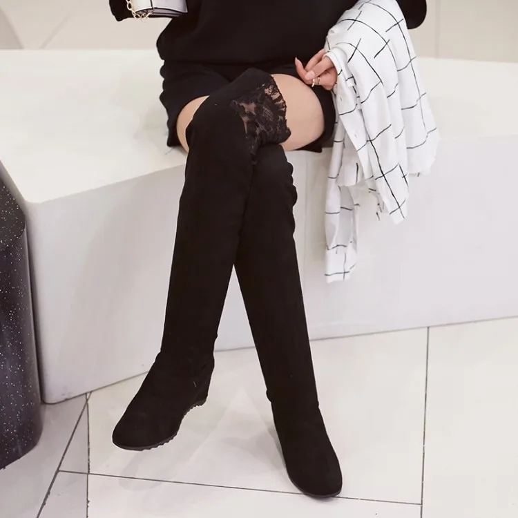 Autumn Winter Women's Suede Over The Knee Long Boots Plus Size Sweet Lace Lady Height Increasing Spring Thigh High | Обувь