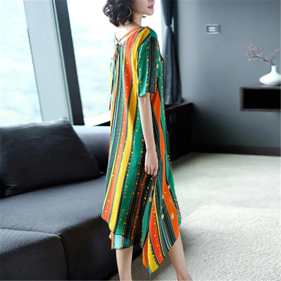 Высококачественное модное Полосатое шелковое женское платье длинное свободное